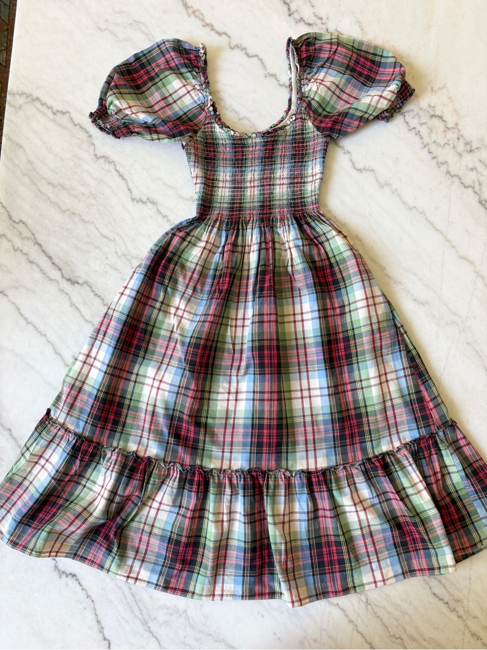 Hill House Home Louisa Nap Dress Plaid Puff Sleeve Midi Dress in Ivory Tartan